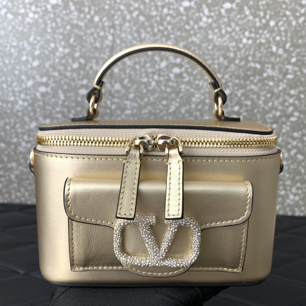 Valentino Garavani Loco Mini Box Bag in Gold Calfskin Leather 